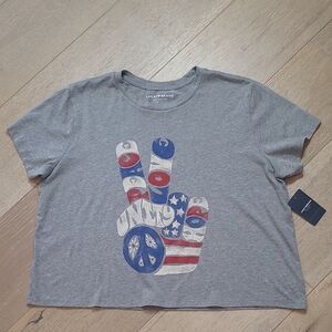 NWT Lucky Brand Shirt Women's sz L USA Peace Grey Crop Short Sleeve Tee Shirt